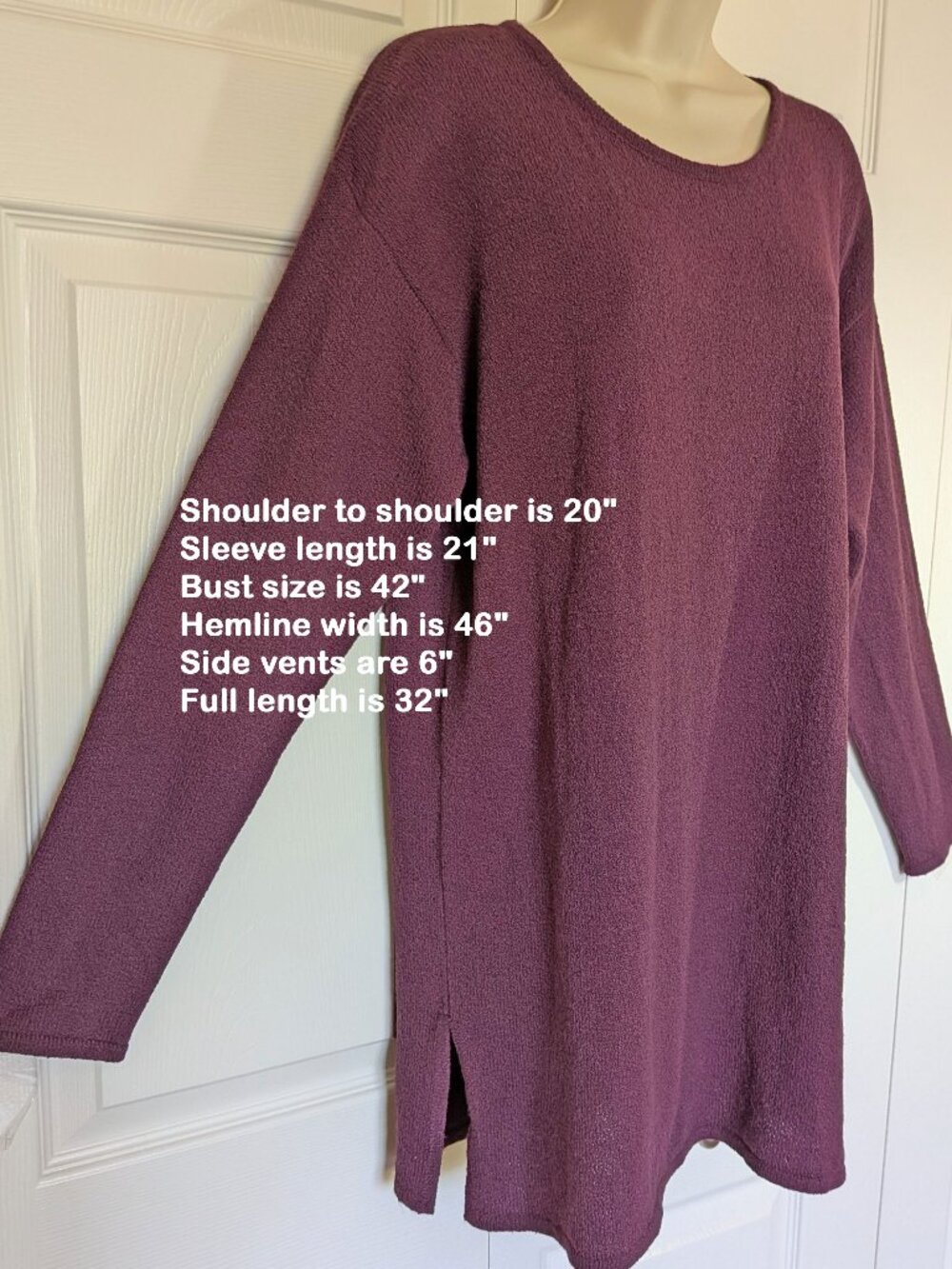 Express Tricot purple pullover tunic length sweater, 42" bust, Made in Hong Kong